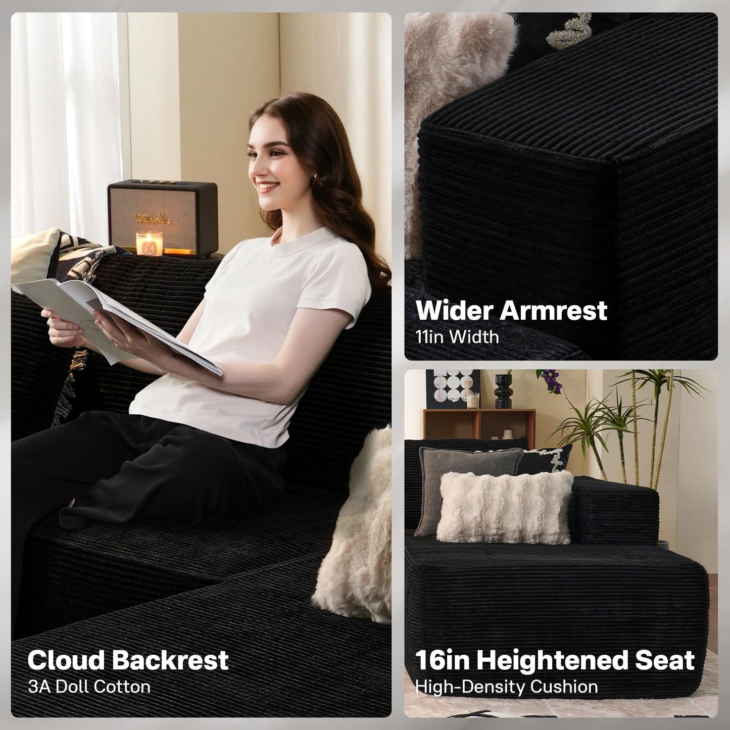 OVIOS 104" L-Shape Modular Couch with Chaise,Corduroy Fabric,No Assembly Required