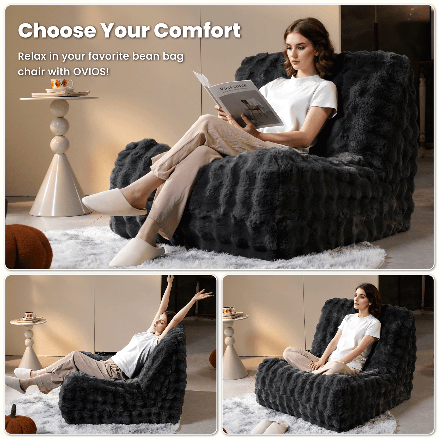 OVIOS Luxurious Fluffy Faux Fur Bean Bag Couch