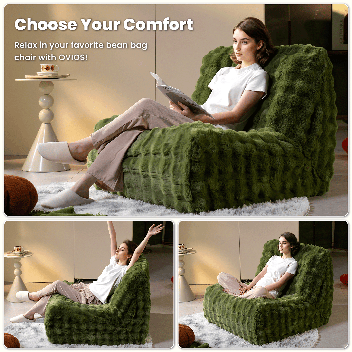 OVIOS Luxurious Fluffy Faux Fur Bean Bag Couch