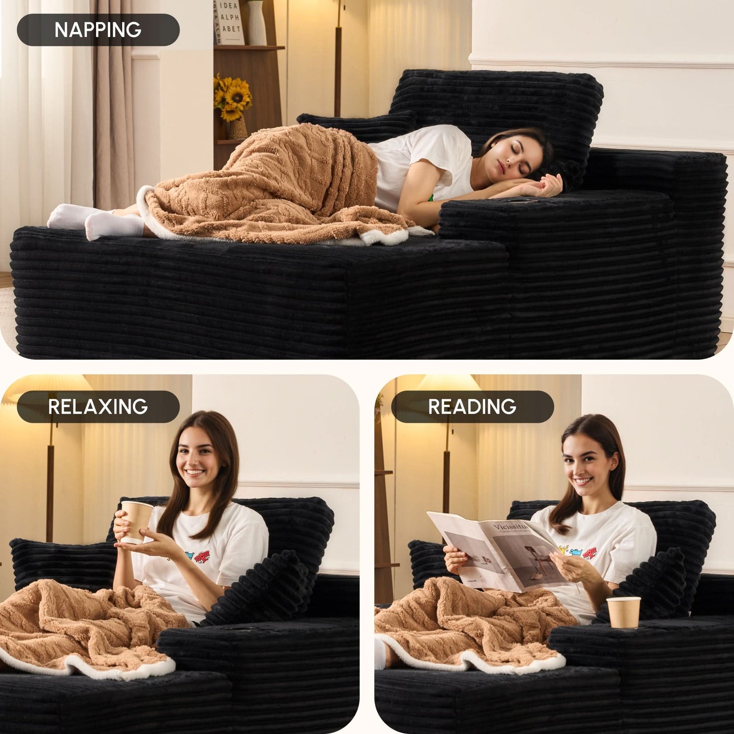 OVIOS 67'' Chaise Lounge Chair with Cup Holders