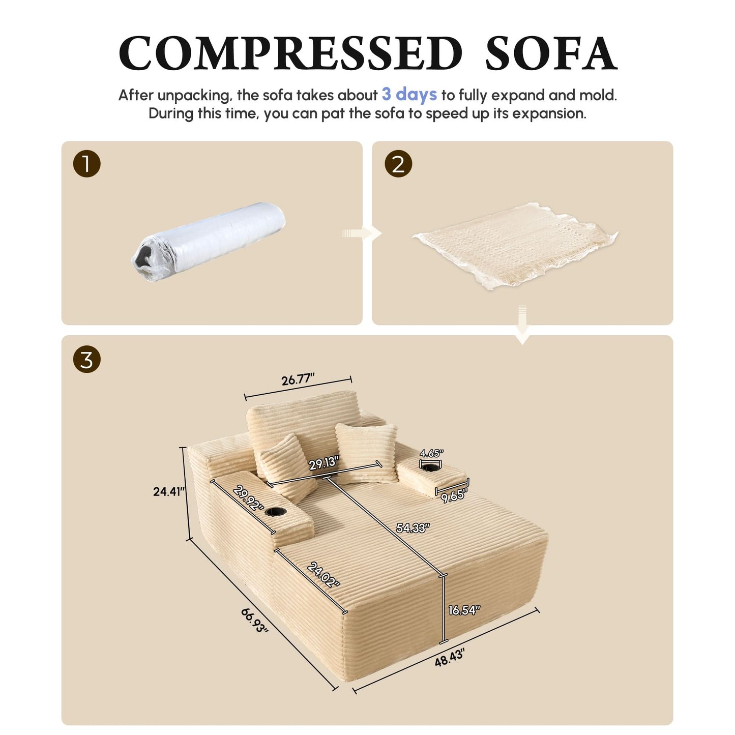 OVIOS 67'' Oversized Chaise Lounge ,Corduroy Sleeper Sofa with Cup Holders