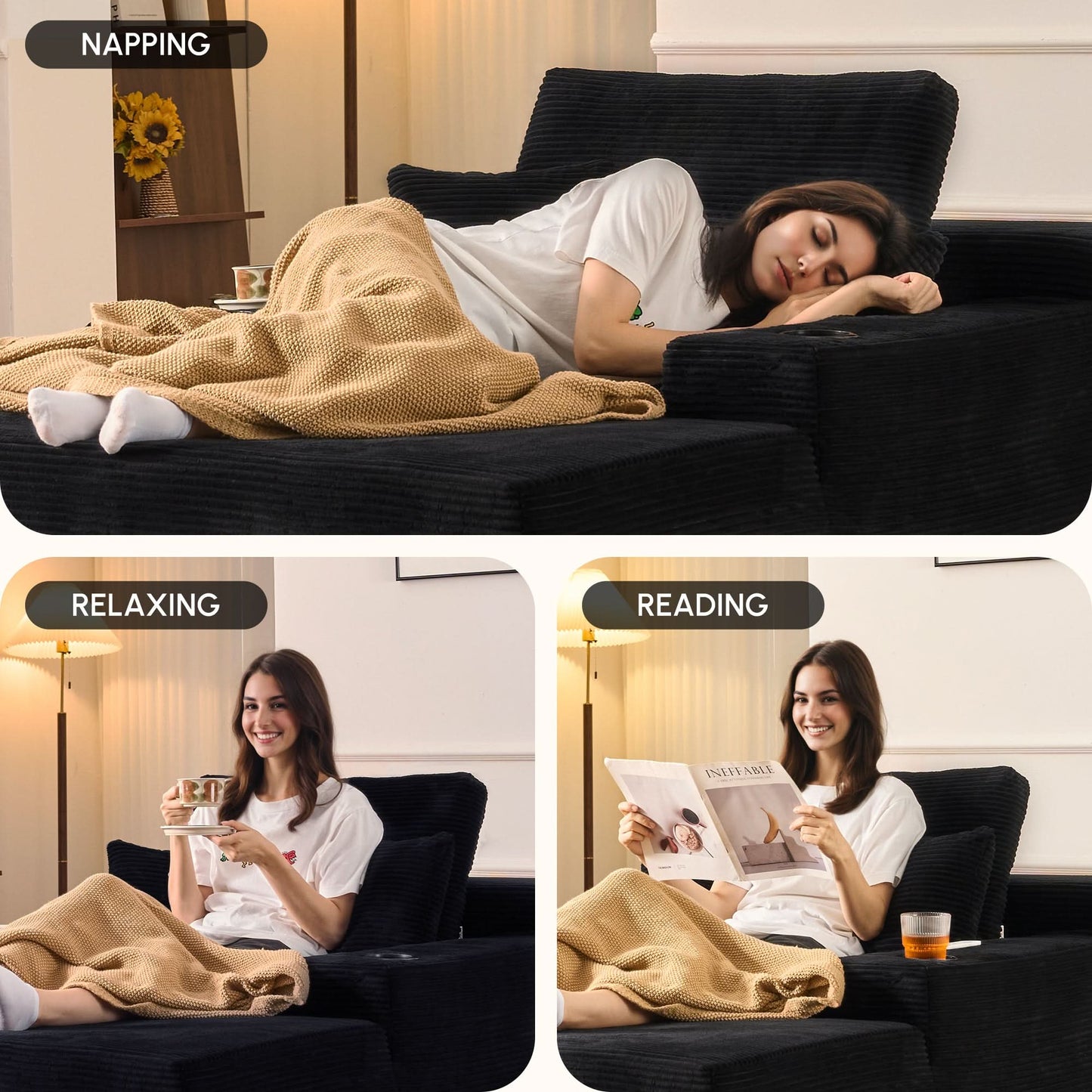 OVIOS 67'' Oversized Chaise Lounge ,Corduroy Sleeper Sofa with Cup Holders