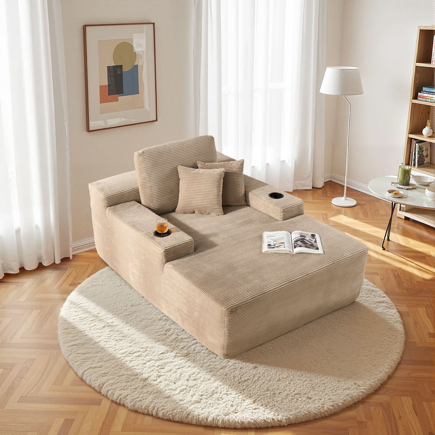 OVIOS 67'' Oversized Chaise Lounge ,Corduroy Sleeper Sofa with Cup Holders