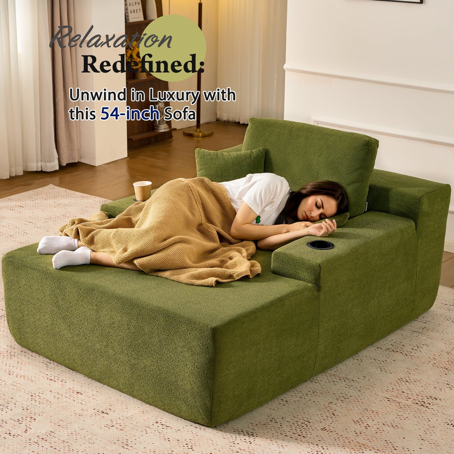 OVIOS 67'' Chaise Lounge Chair with Cup Holders, Plush Velvet Sofa Bed