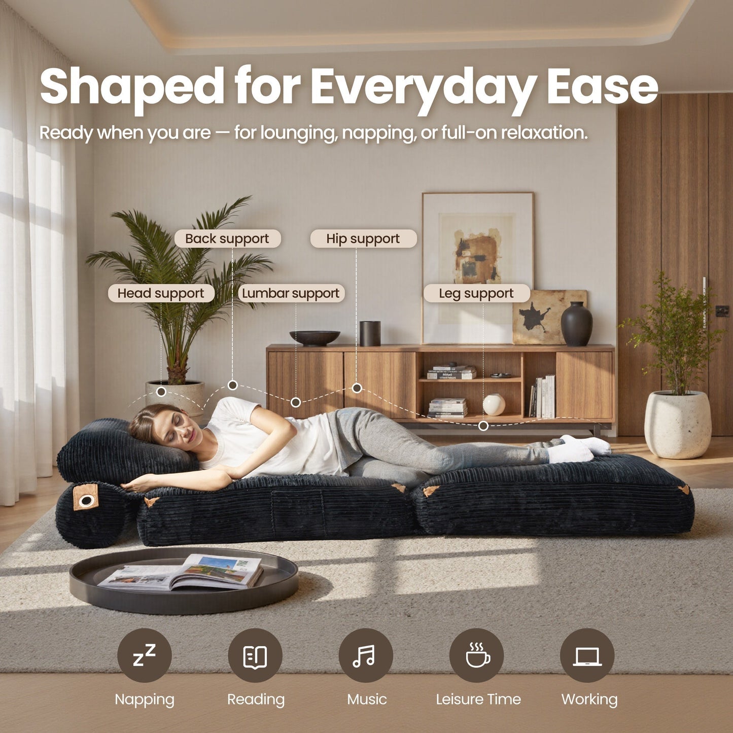 OVIOS Bean Bag Bed Folding Sofa Bed – Convertible Sleeper Chair with Pillow & Back Support