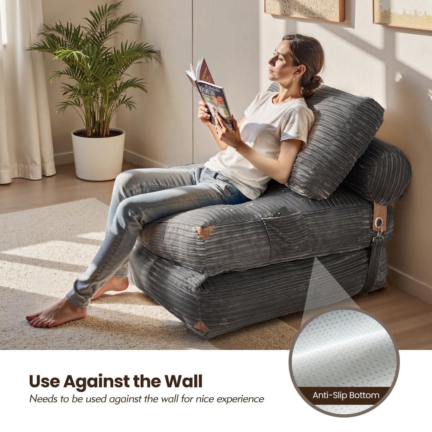 OVIOS Bean Bag Bed Folding Sofa Bed – Convertible Sleeper Chair with Pillow & Back Support