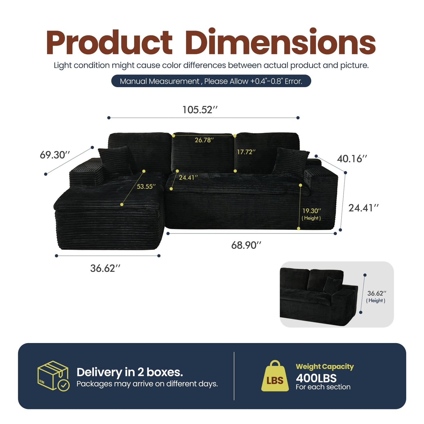 OVIOS 105" Modular L-Shape Sectional Sofa with Chaise, Deep Seat Cloud Couch