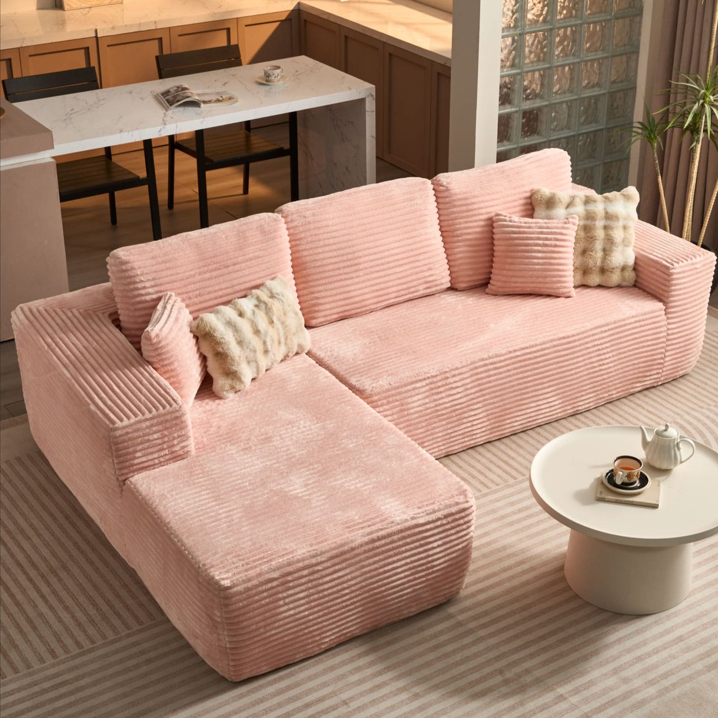 OVIOS 104" L-Shape Modular Couch with Chaise, Plush Corduroy Fabric, No Assembly Required