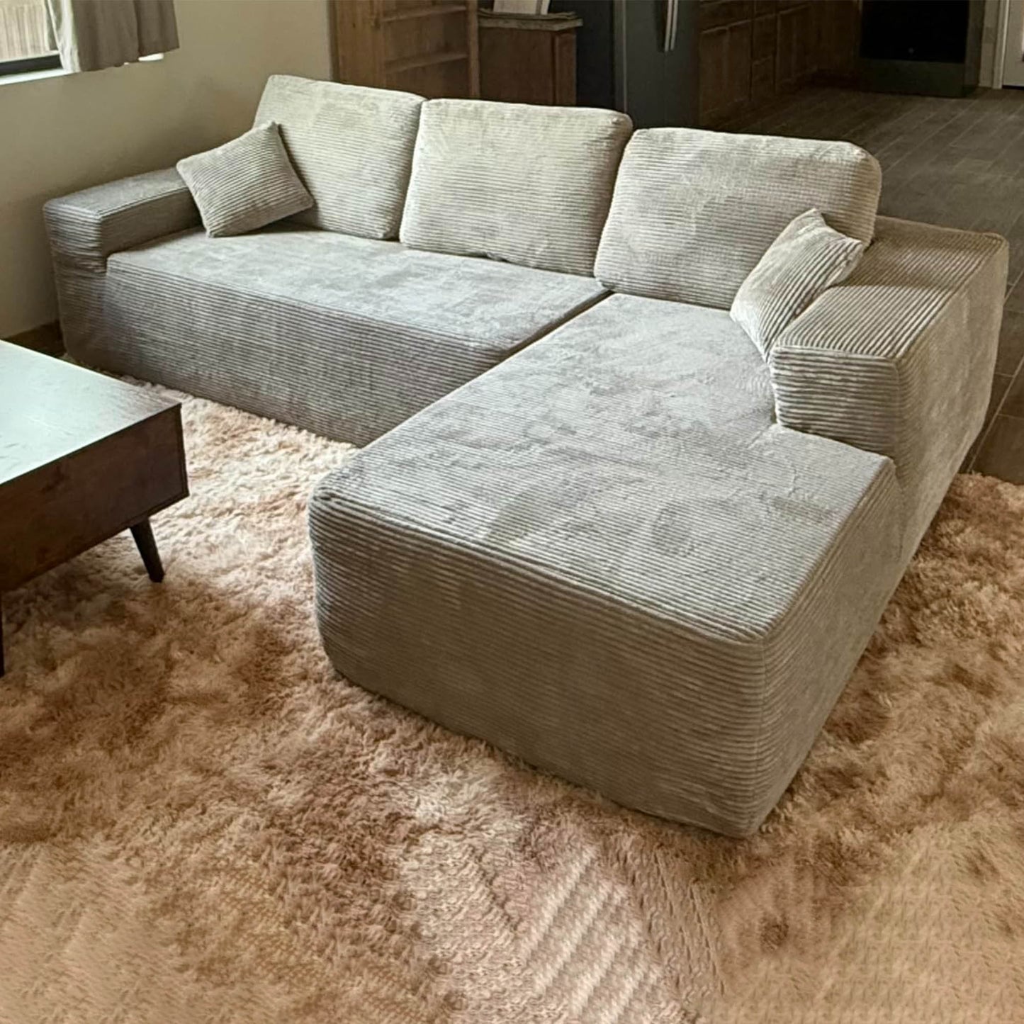 OVIOS 104" L-Shape Modular Couch with Chaise,Corduroy Fabric,No Assembly Required