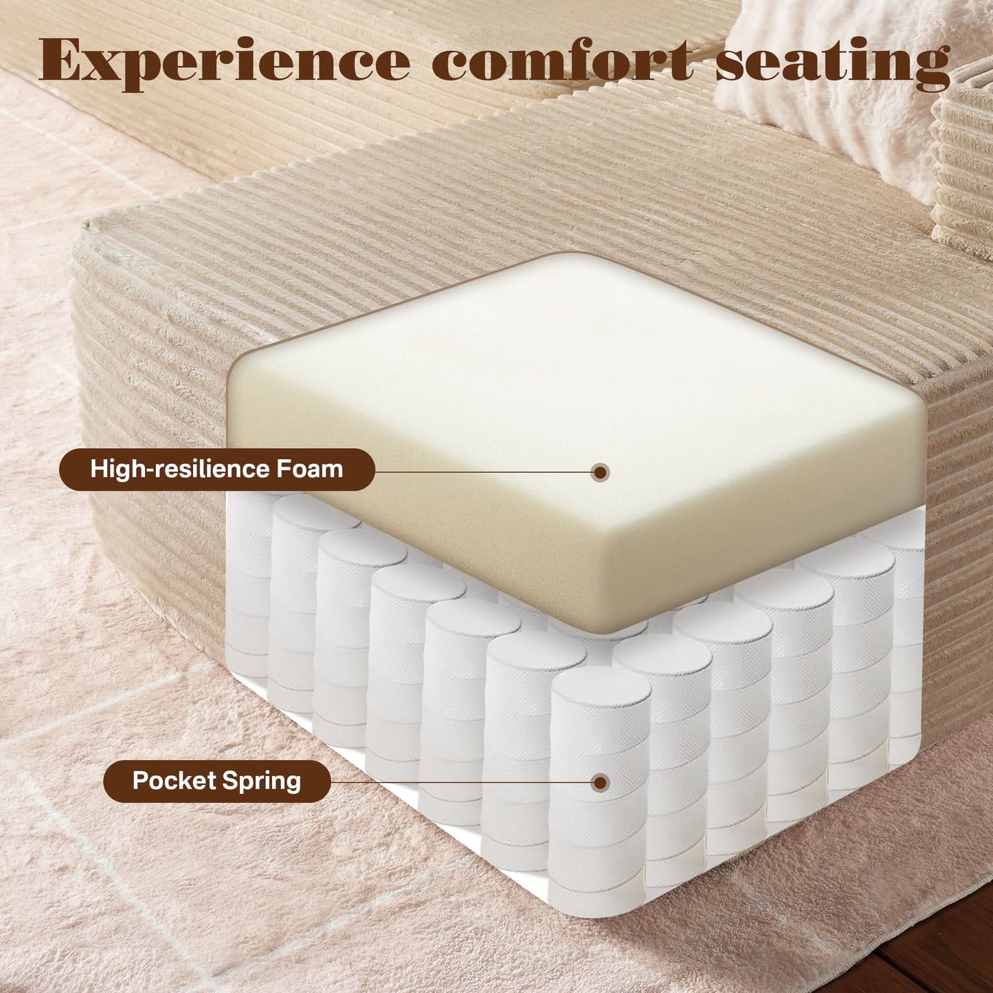 OVIOS 104" L-Shape Modular Couch with Chaise, Plush Corduroy Fabric, No Assembly Required