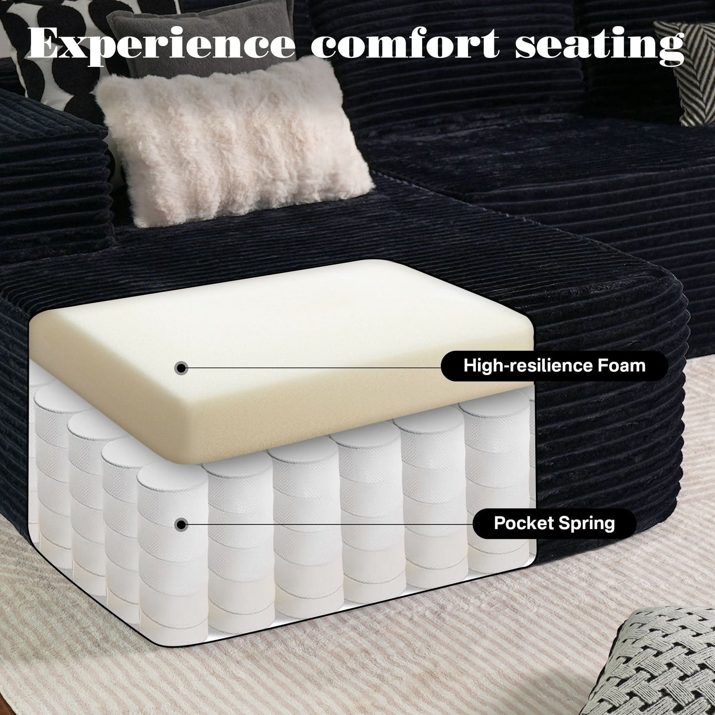 OVIOS 104" L-Shape Modular Couch with Chaise, Plush Corduroy Fabric, No Assembly Required