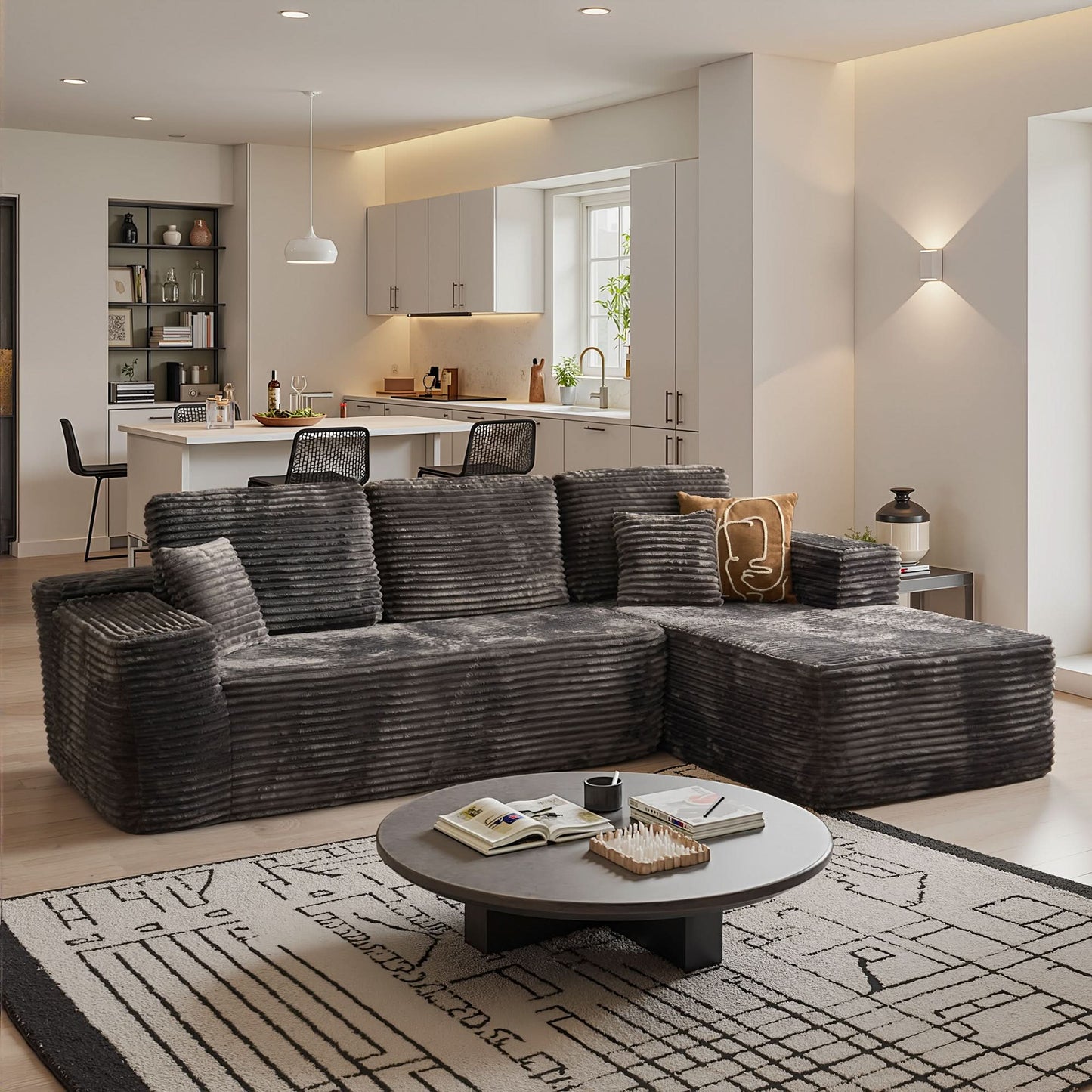 OVIOS 104" L-Shape Modular Couch with Chaise, Plush Corduroy Fabric, No Assembly Required