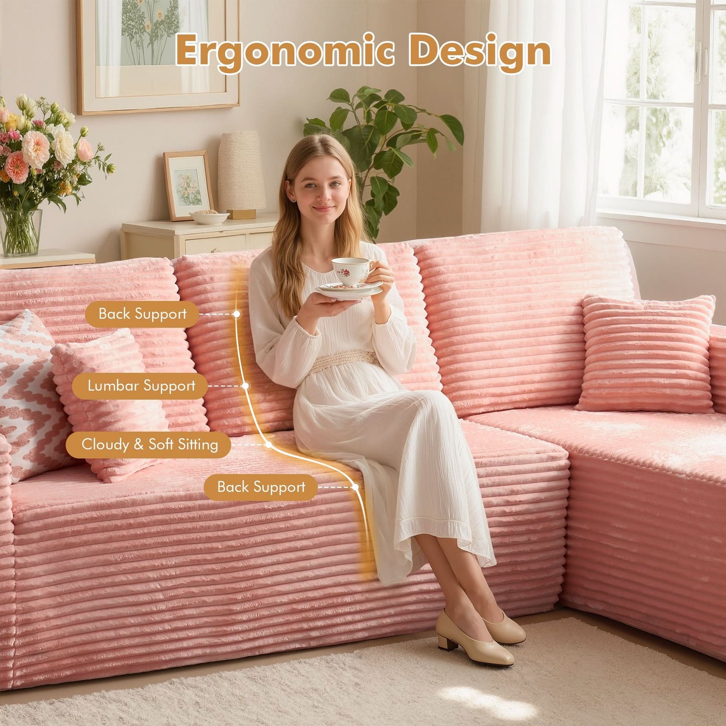 OVIOS 104" L-Shape Modular Couch with Chaise, Plush Corduroy Fabric, No Assembly Required