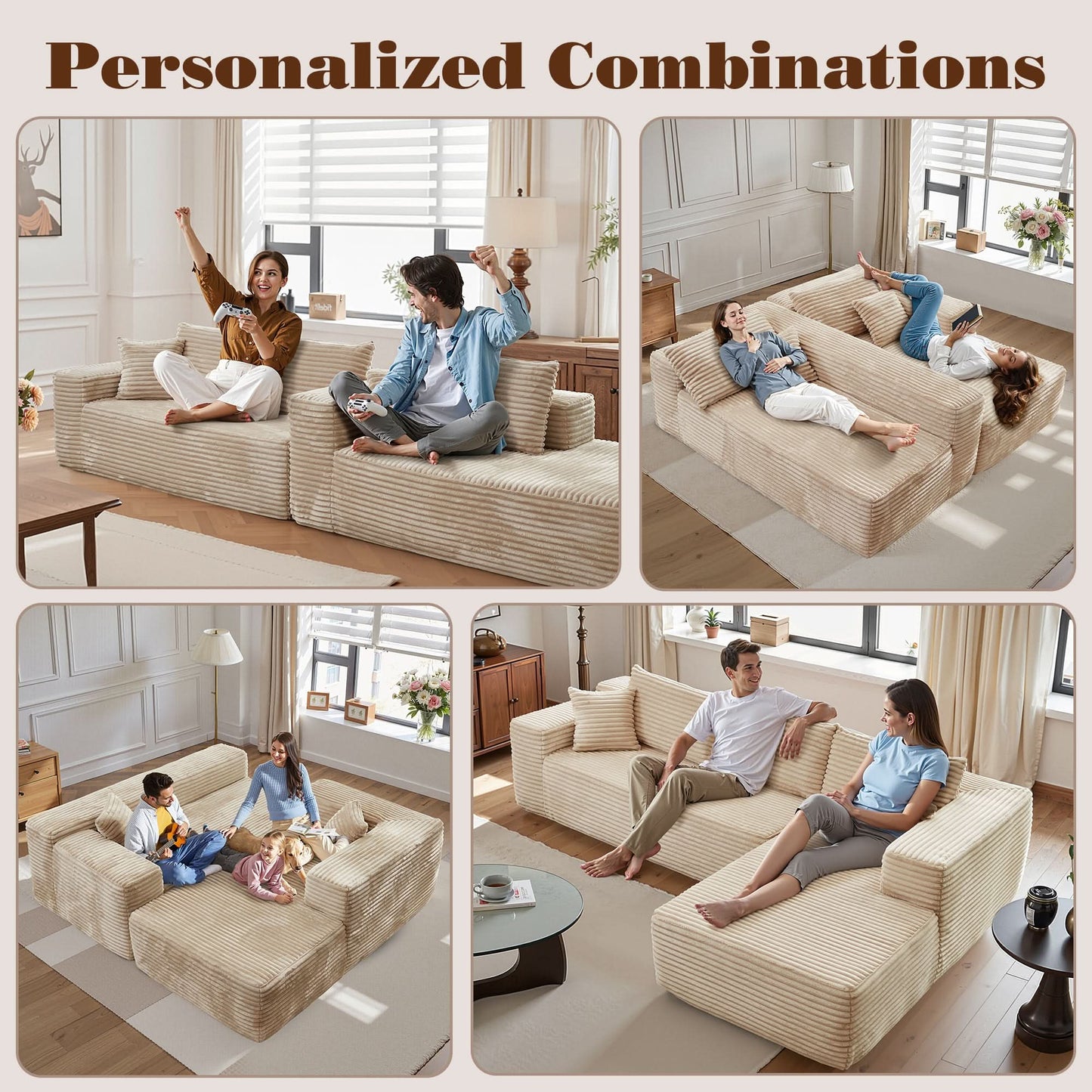 OVIOS 104" L-Shape Modular Couch with Chaise, Plush Corduroy Fabric, No Assembly Required