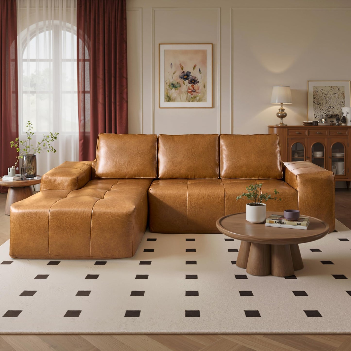 OVIOS 114" Cloud Sectional Sofa - L-Shaped Faux Leather Modular Couch with Deep Seat Chaise