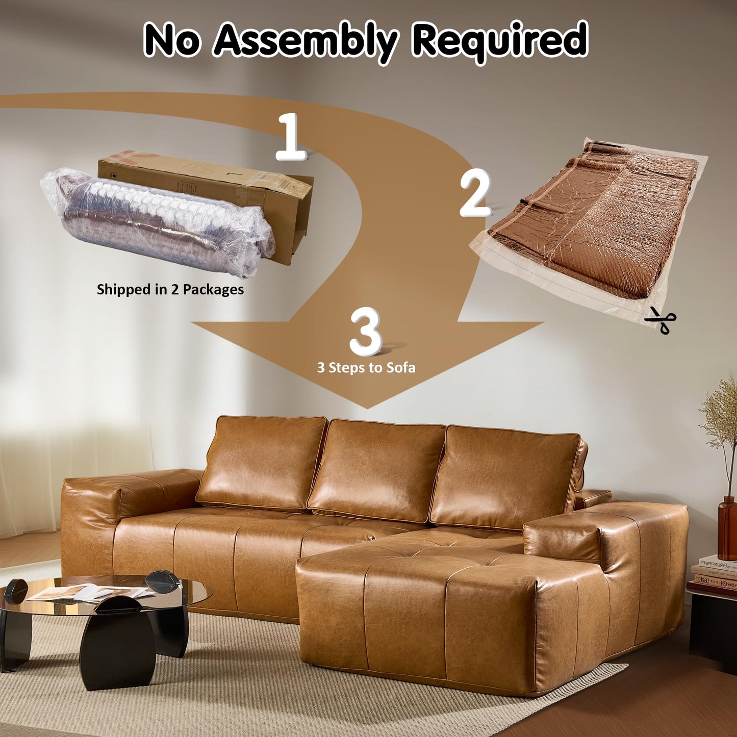 OVIOS 114" Cloud Sectional Sofa - L-Shaped Faux Leather Modular Couch with Deep Seat Chaise