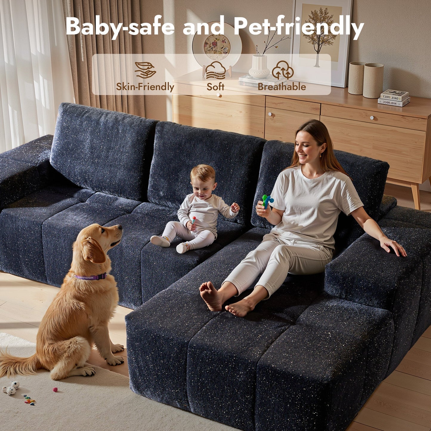 OVIOS 114" Cloud Sectional Sofa - L-Shaped Faux Leather Modular Couch with Deep Seat Chaise