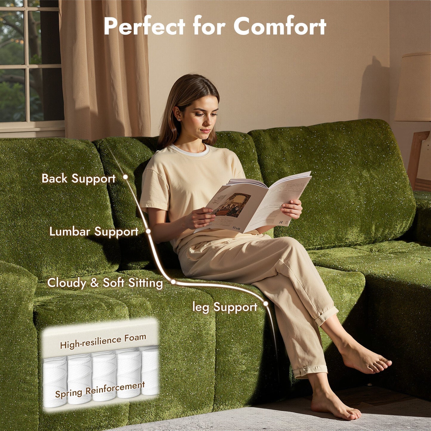 OVIOS 114" Cloud Sectional Sofa - L-Shaped Faux Leather Modular Couch with Deep Seat Chaise