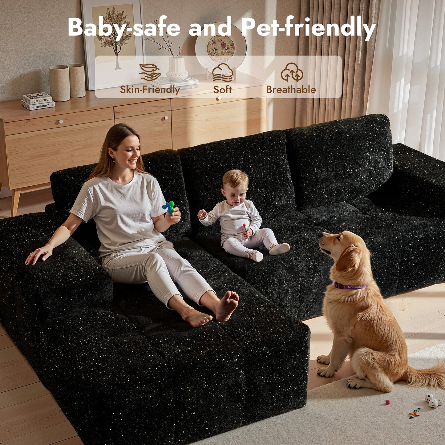 OVIOS 114" Cloud Sectional Sofa - L-Shaped Faux Leather Modular Couch with Deep Seat Chaise