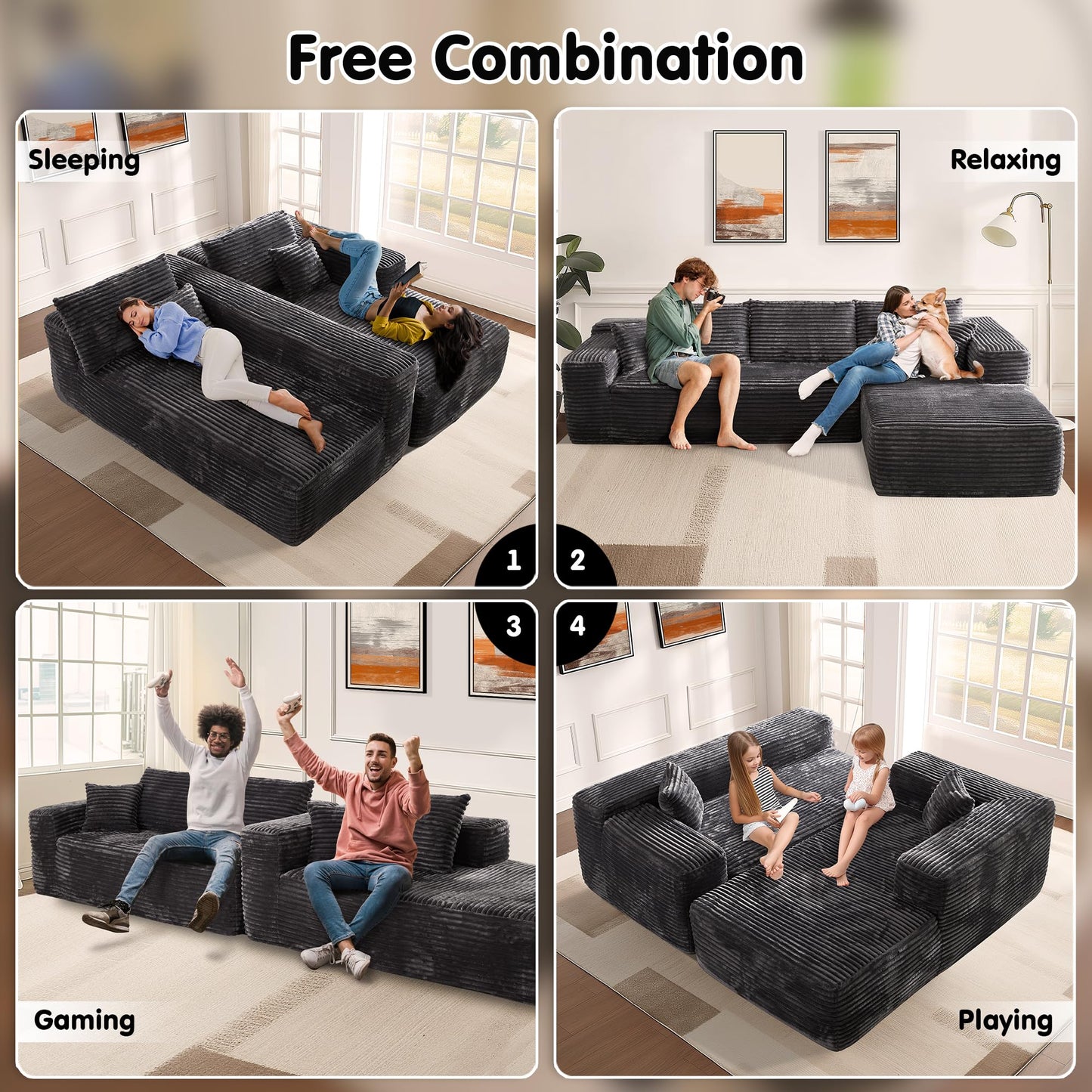 OVIOS 104" L-Shape Modular Couch with Chaise,Corduroy Fabric,No Assembly Required