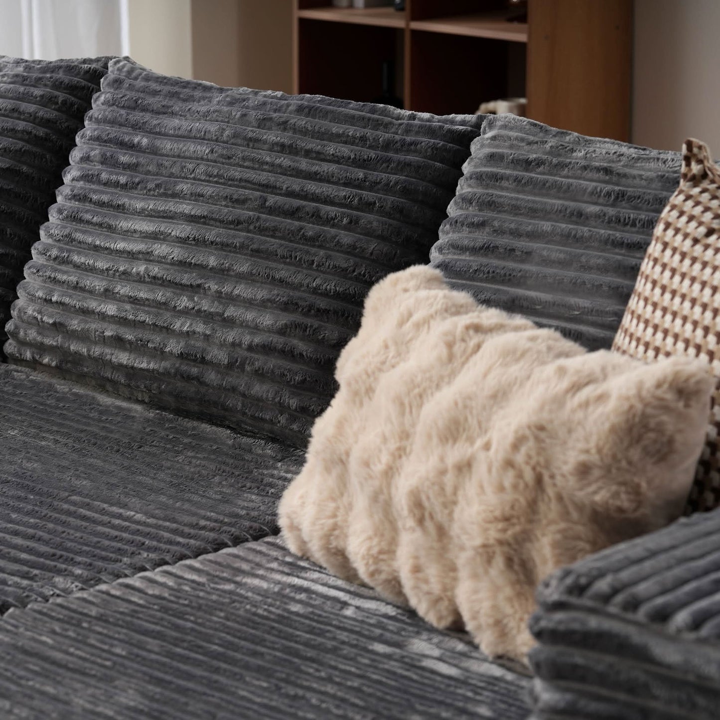 OVIOS 104" L-Shape Modular Couch with Chaise, Plush Corduroy Fabric, No Assembly Required