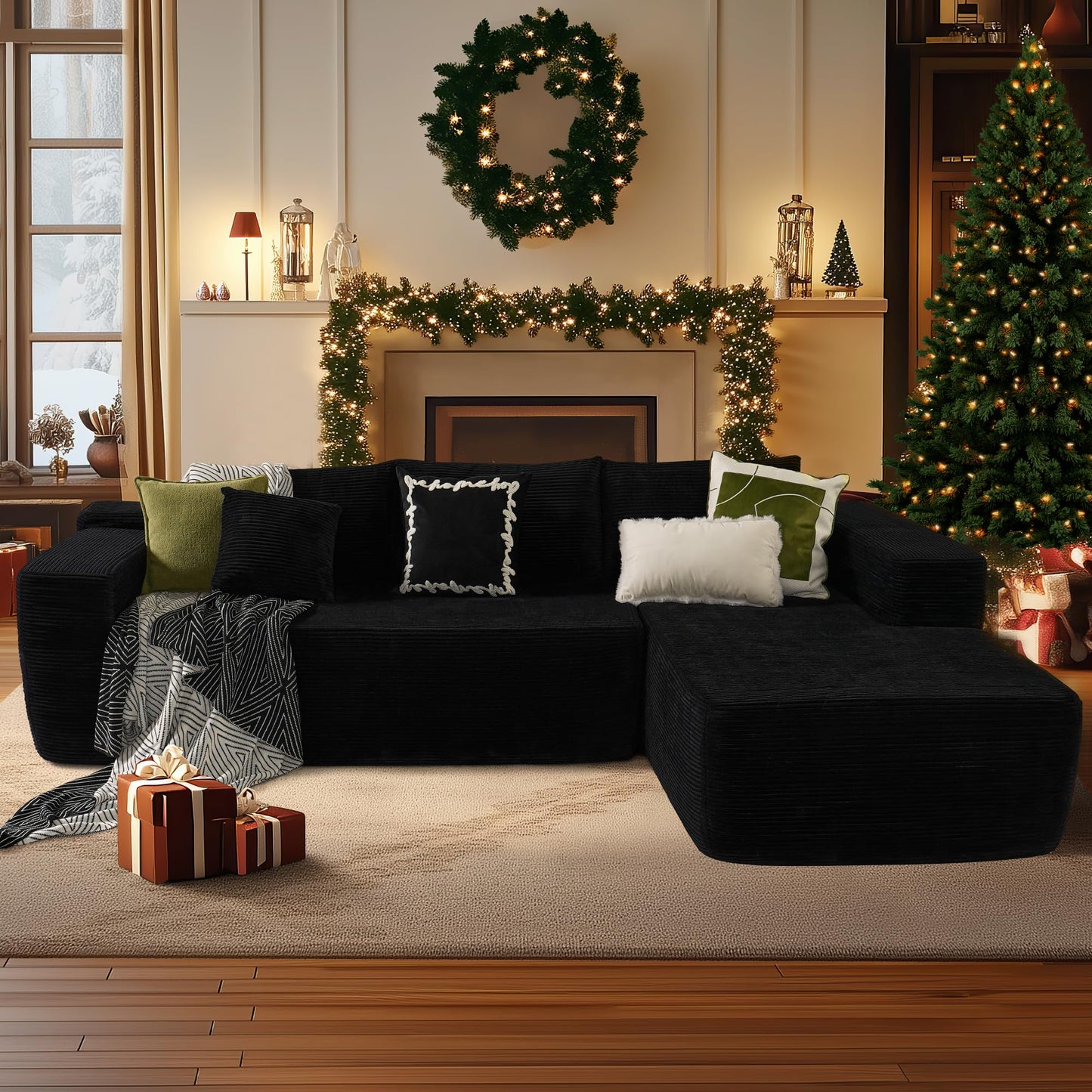 OVIOS 104" L-Shape Modular Couch with Chaise,Corduroy Fabric,No Assembly Required