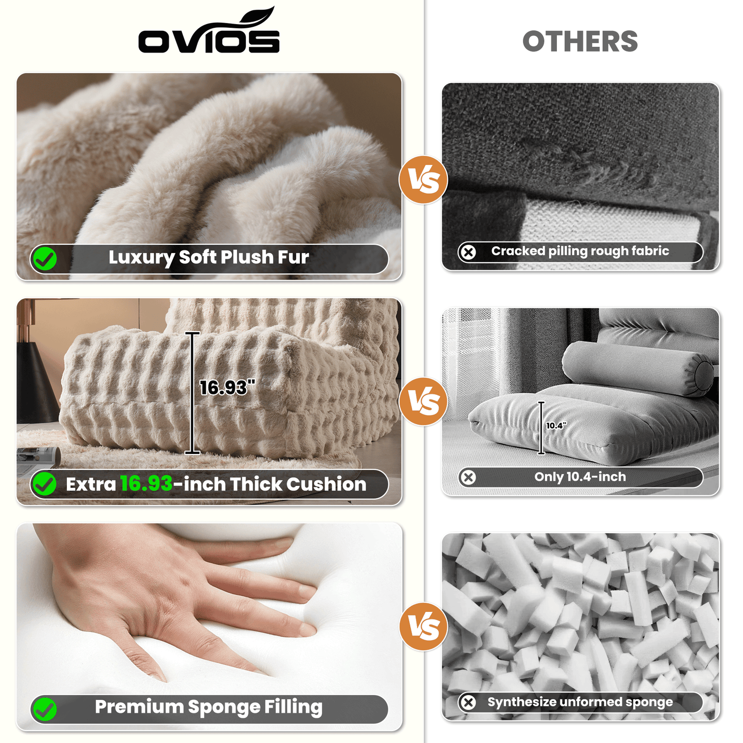 OVIOS Luxurious Fluffy Faux Fur Bean Bag Couch