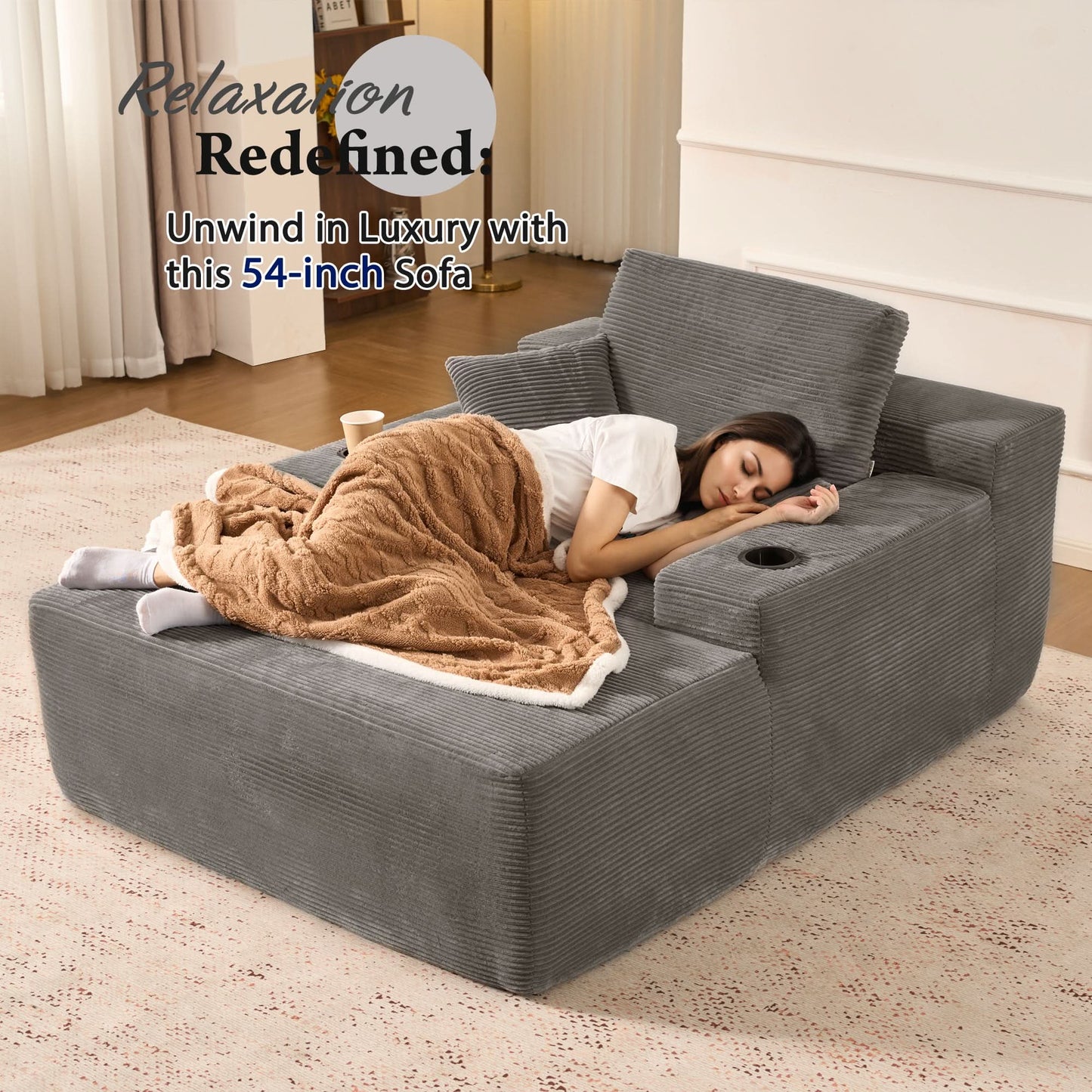 OVIOS 67'' Oversized Chaise Lounge ,Corduroy Sleeper Sofa with Cup Holders