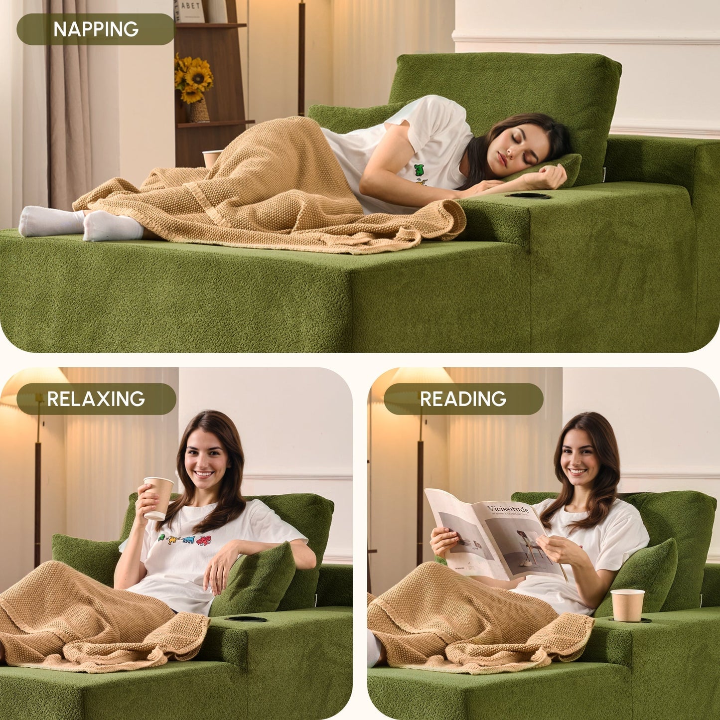 OVIOS 67'' Chaise Lounge Chair with Cup Holders, Plush Velvet Sofa Bed