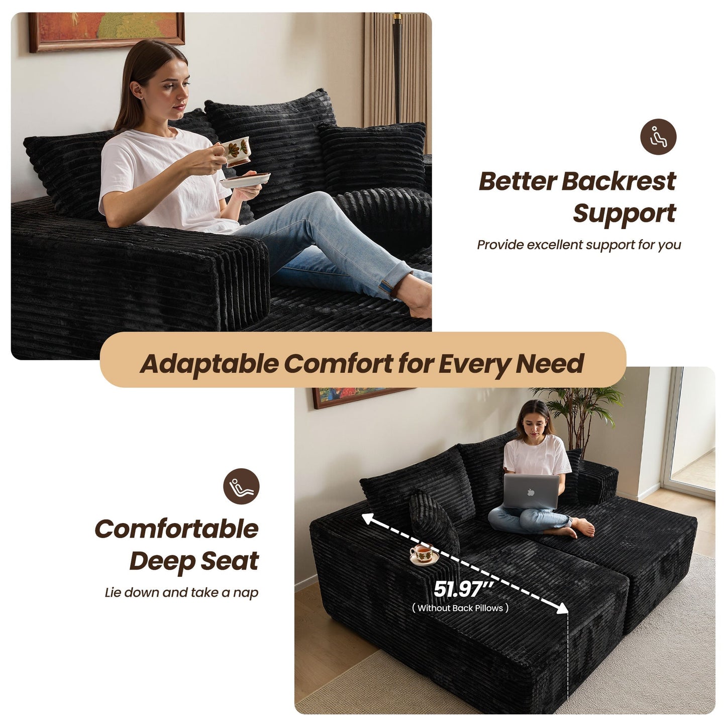 OVIOS 81" Boneless Sofa, Sleeper Couch, No Assembly Required