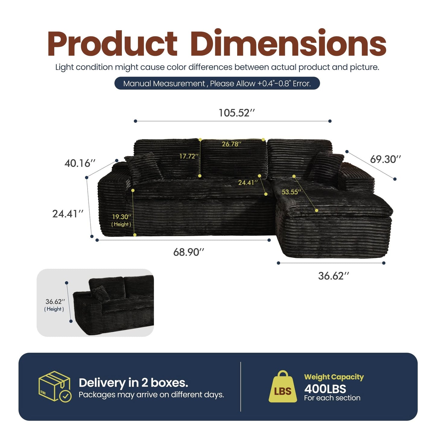 OVIOS 105" Modular Sectional Sofa with Chaise,Deep Seat Cloud Couch, Modern L-Shape