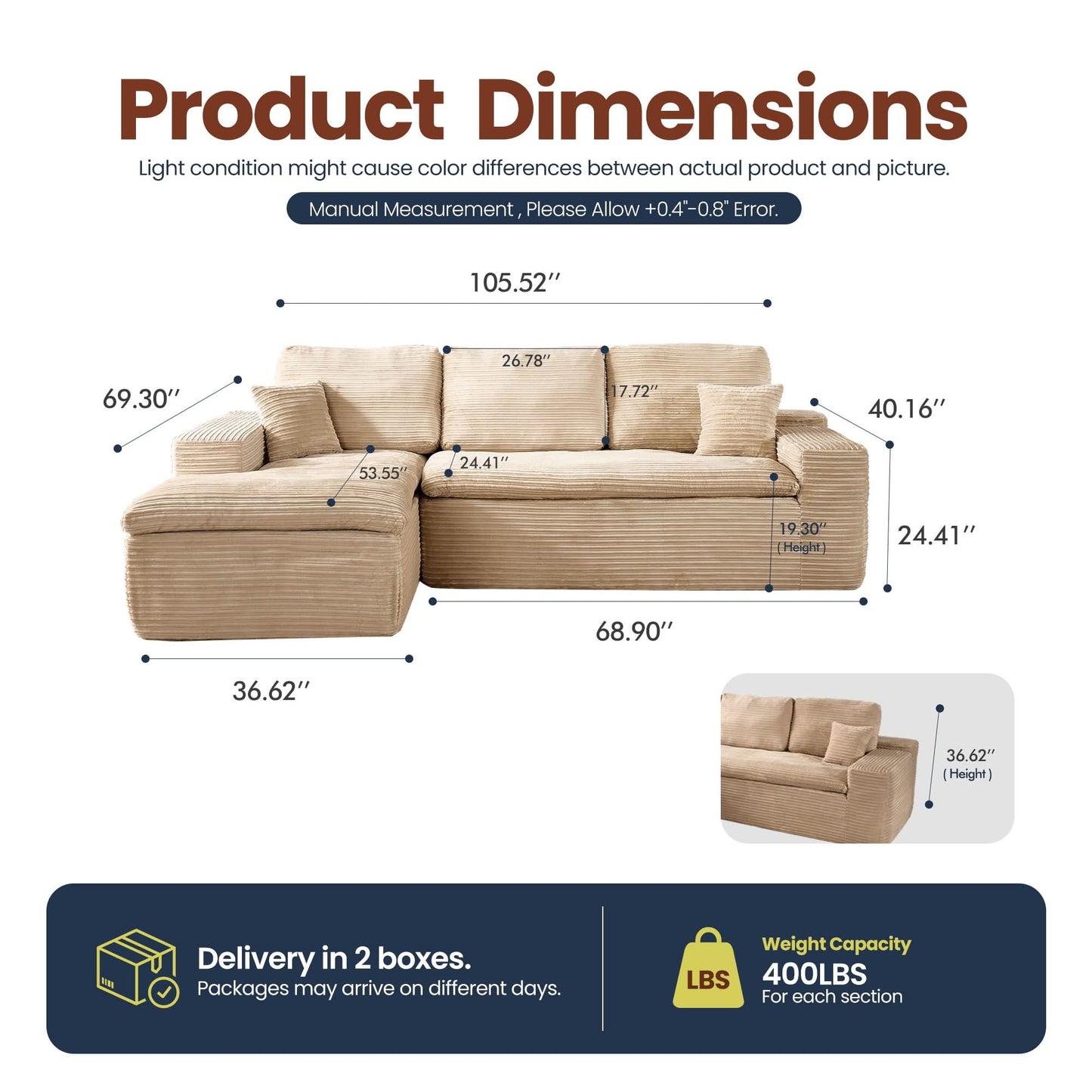 OVIOS 105" Modular L-Shape Sectional Sofa with Chaise, Deep Seat Cloud Couch