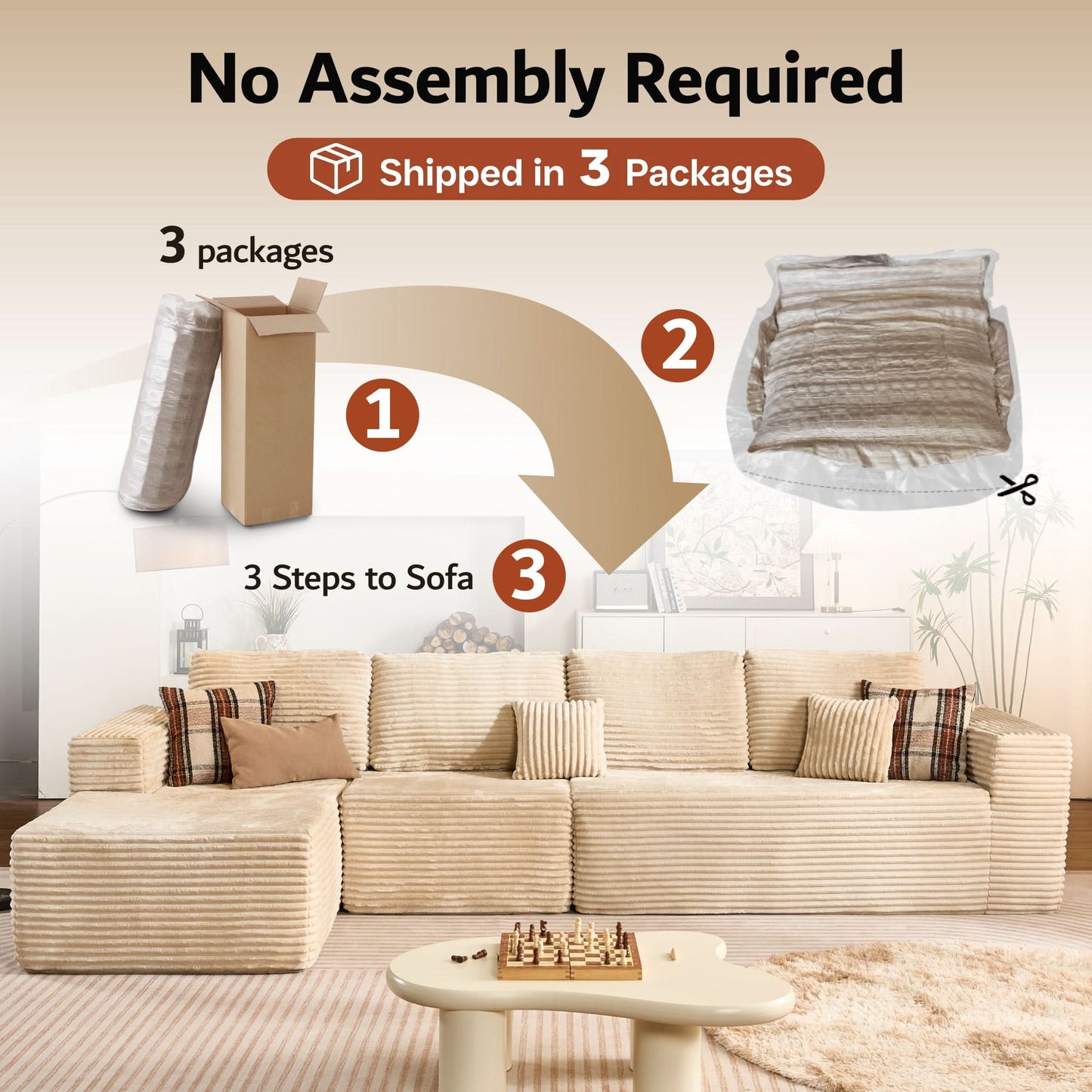 OVIOS Modular Cloud Sofa with Memory Foam, L-Shaped Chaise, Corduroy Upholstery - No Assembly Needed