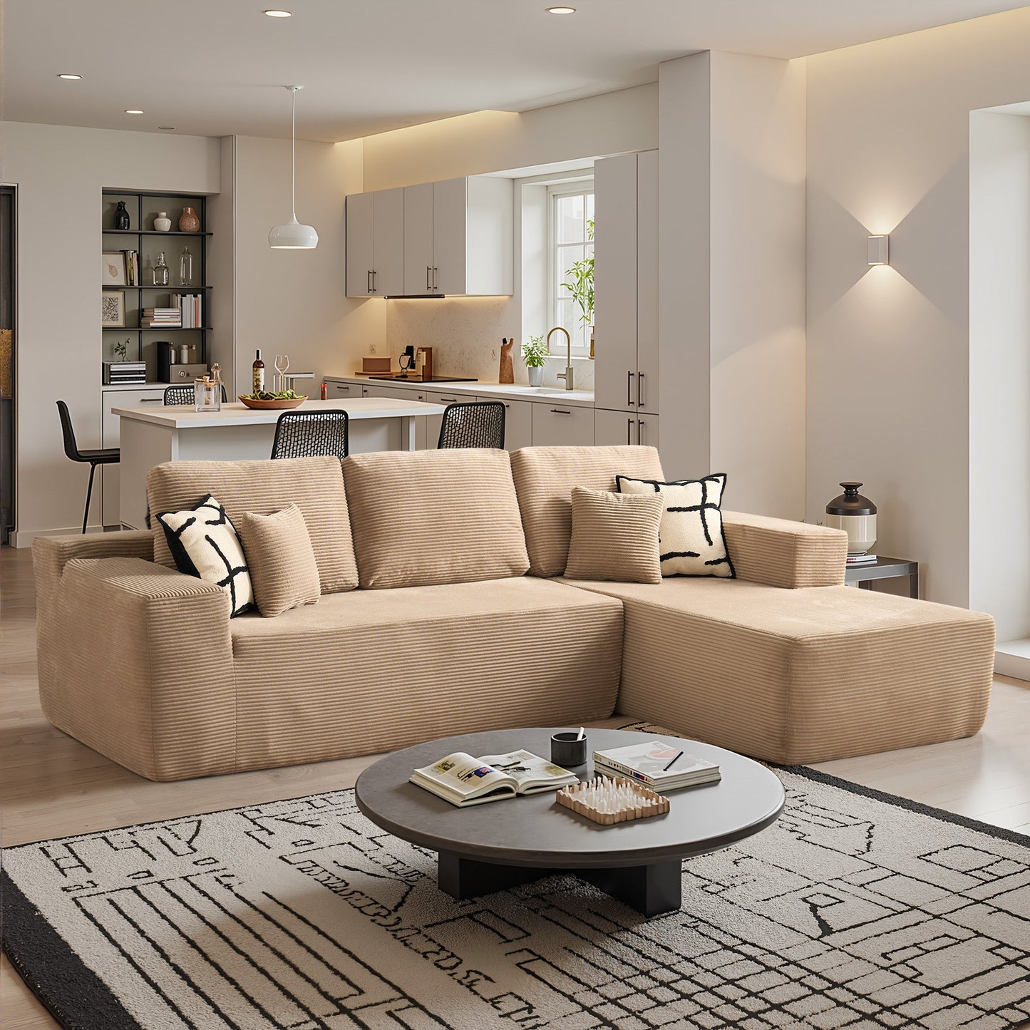 OVIOS 104" L-Shape Modular Couch with Chaise,Corduroy Fabric,No Assembly Required