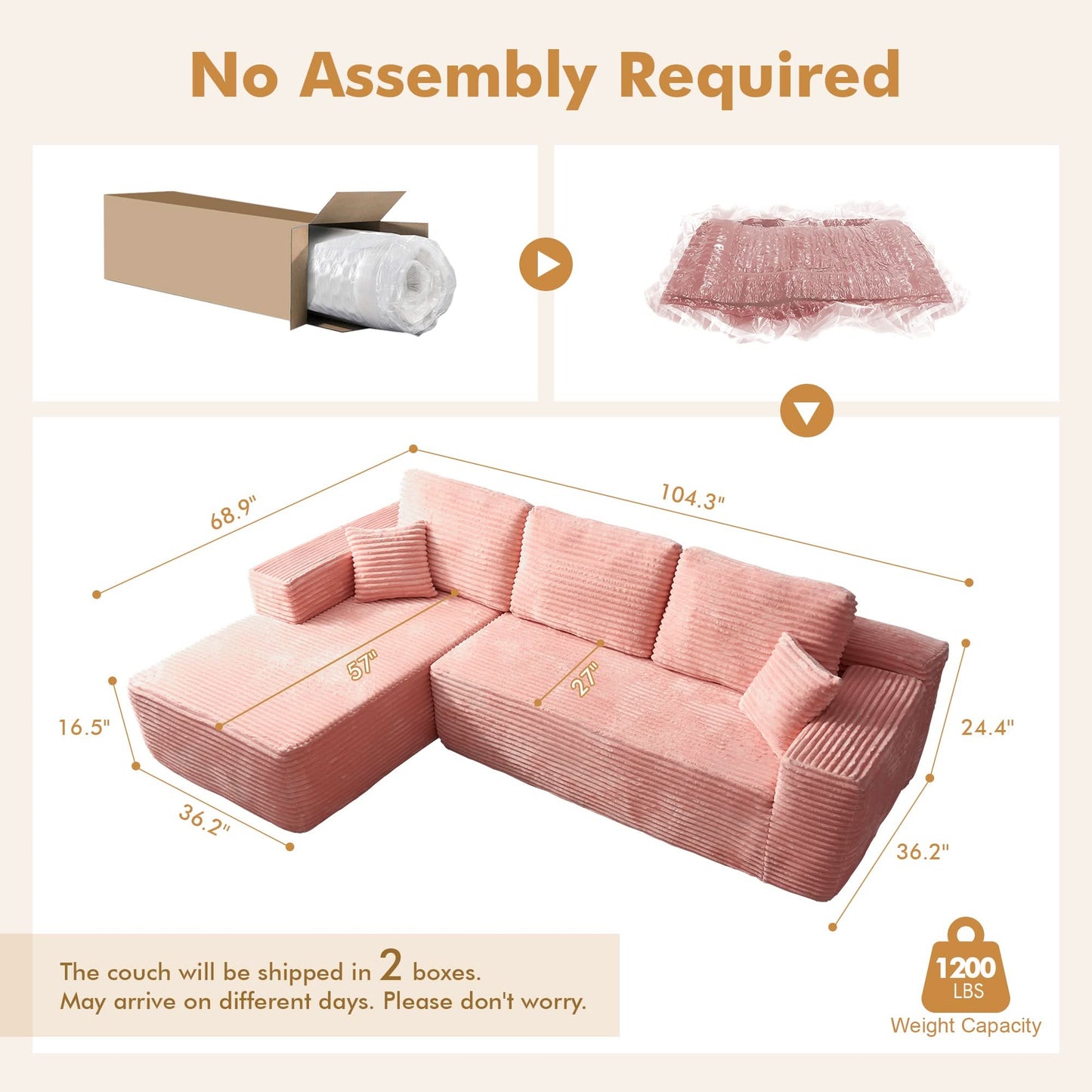 OVIOS 104" L-Shape Modular Couch with Chaise, Plush Corduroy Fabric, No Assembly Required