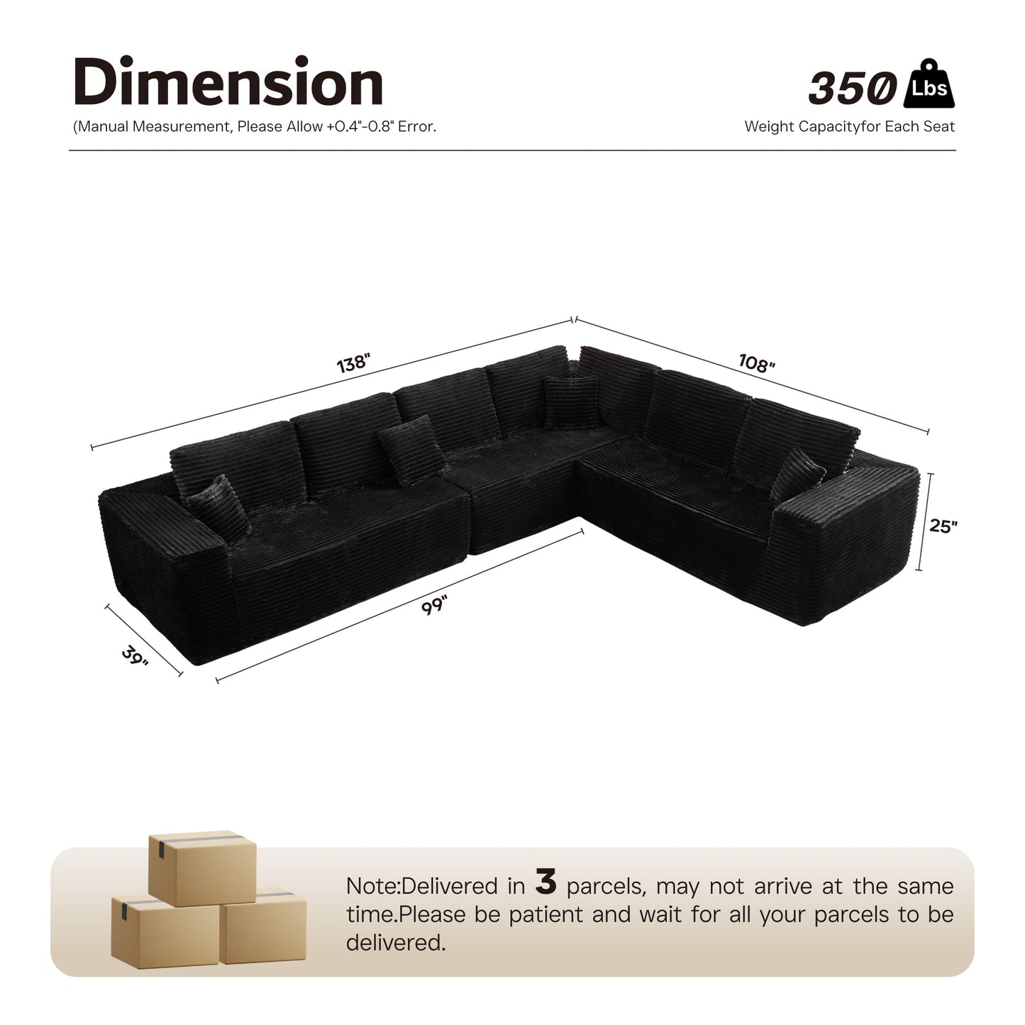 OVIOS L-Shaped Cloud Sectional Sofa with Chaise - Plush Corduroy, Memory Foam & No Assembly