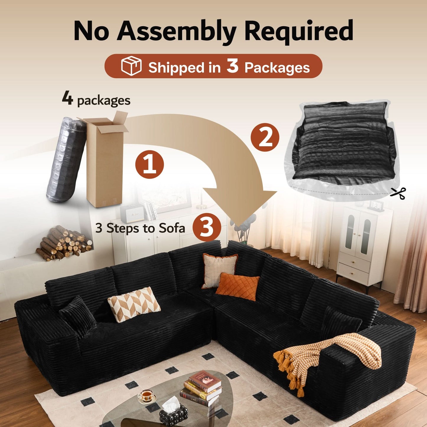 OVIOS Modular Cloud Sofa with Memory Foam, L-Shaped Chaise & Corduroy Upholstery - No Assembly Required