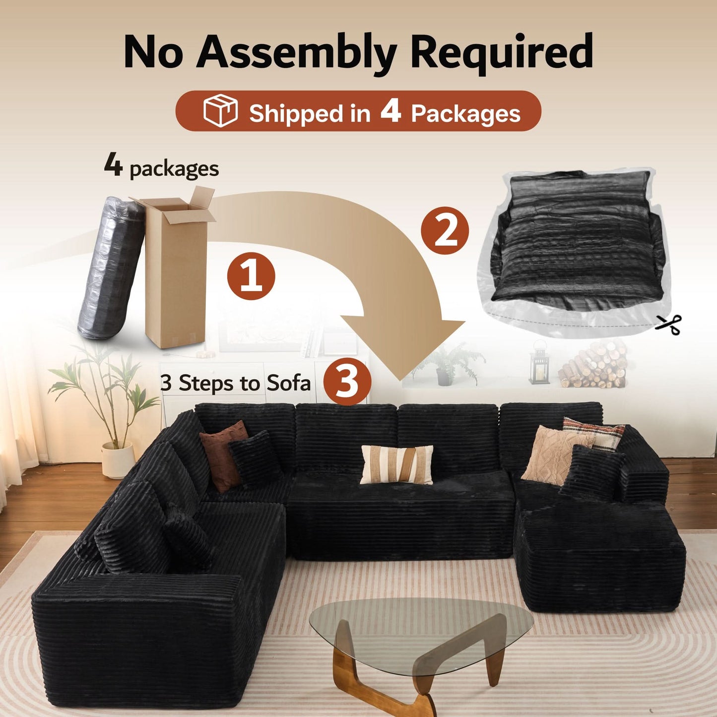 OVIOS Modular Cloud Sofa with Memory Foam & L-Shaped Chaise,Corduroy Fabric Sofa, No Assembly Required