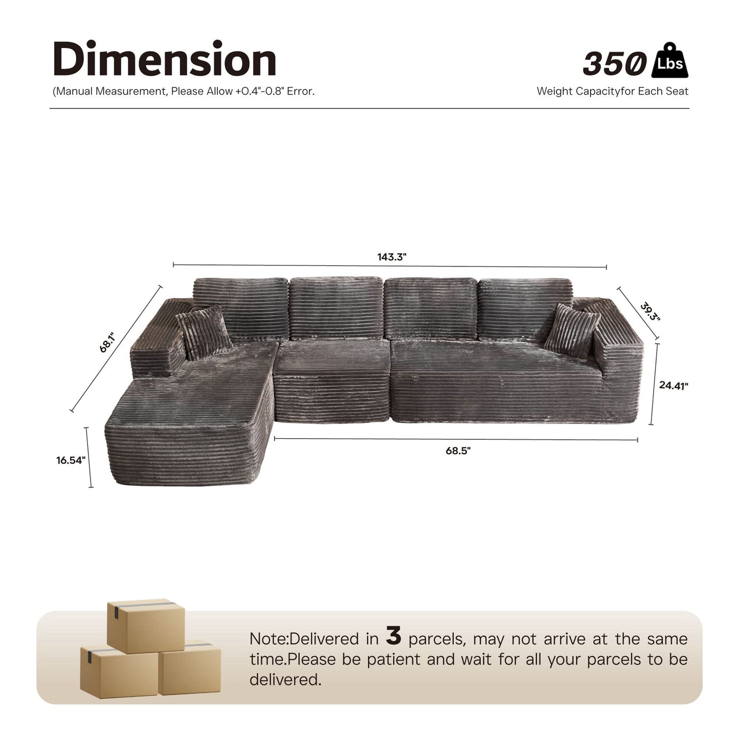 OVIOS Modular Cloud Sofa with Memory Foam, L-Shaped Chaise, Corduroy Upholstery - No Assembly Needed