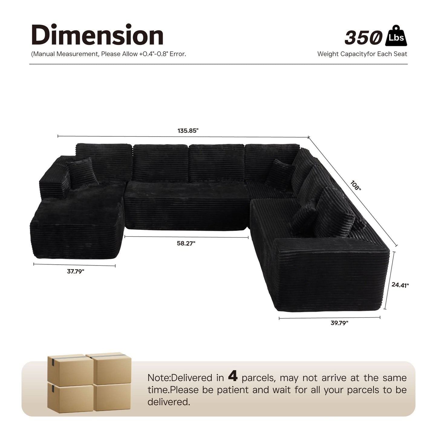 OVIOS Memory Foam Cloud Sofa: Modular L-Shape Chaise in Corduroy Fabric, No Assembly Required