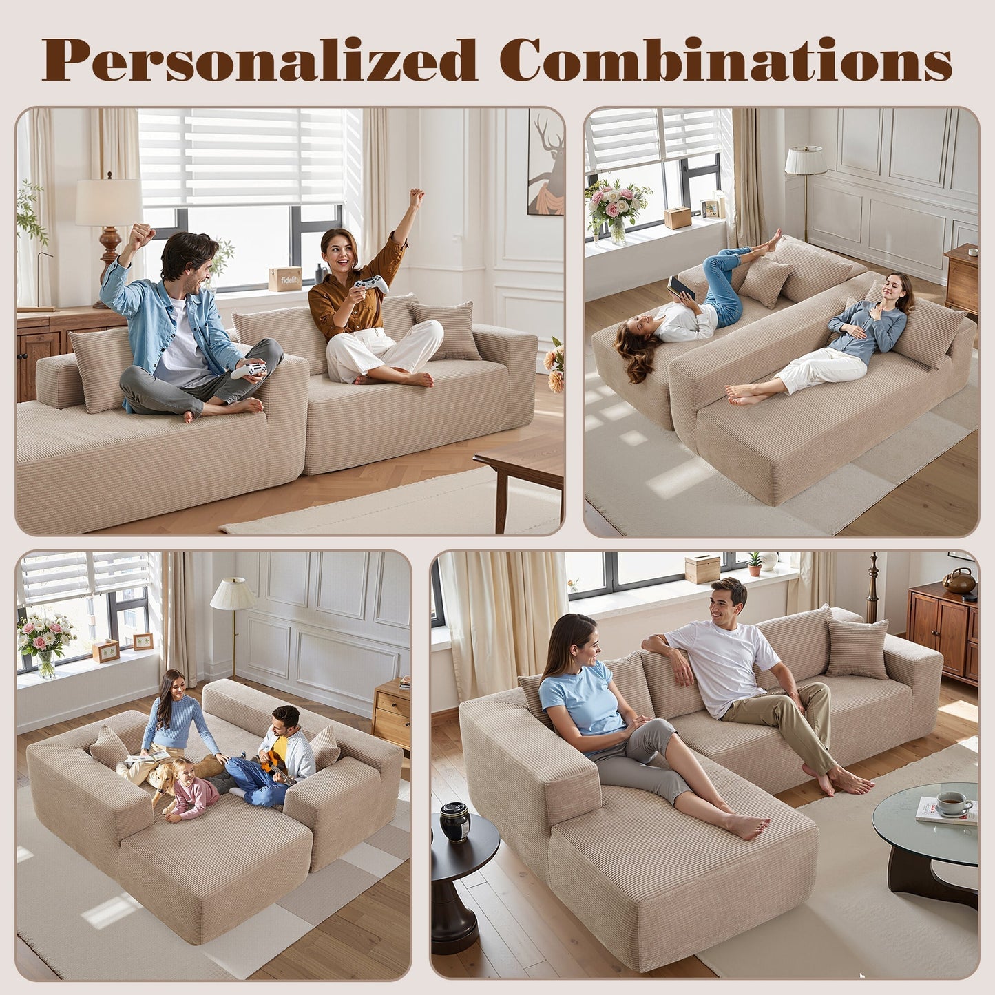 OVIOS 104" L-Shape Modular Couch with Chaise,Corduroy Fabric,No Assembly Required