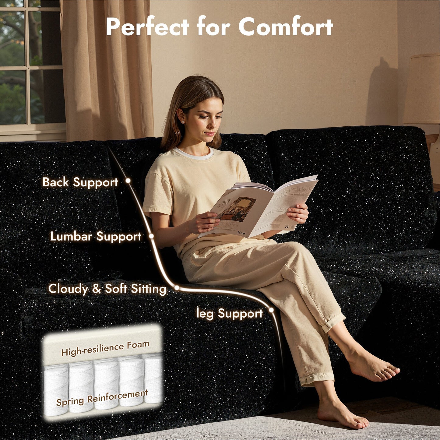 OVIOS 114" Cloud Sectional Sofa - L-Shaped Faux Leather Modular Couch with Deep Seat Chaise