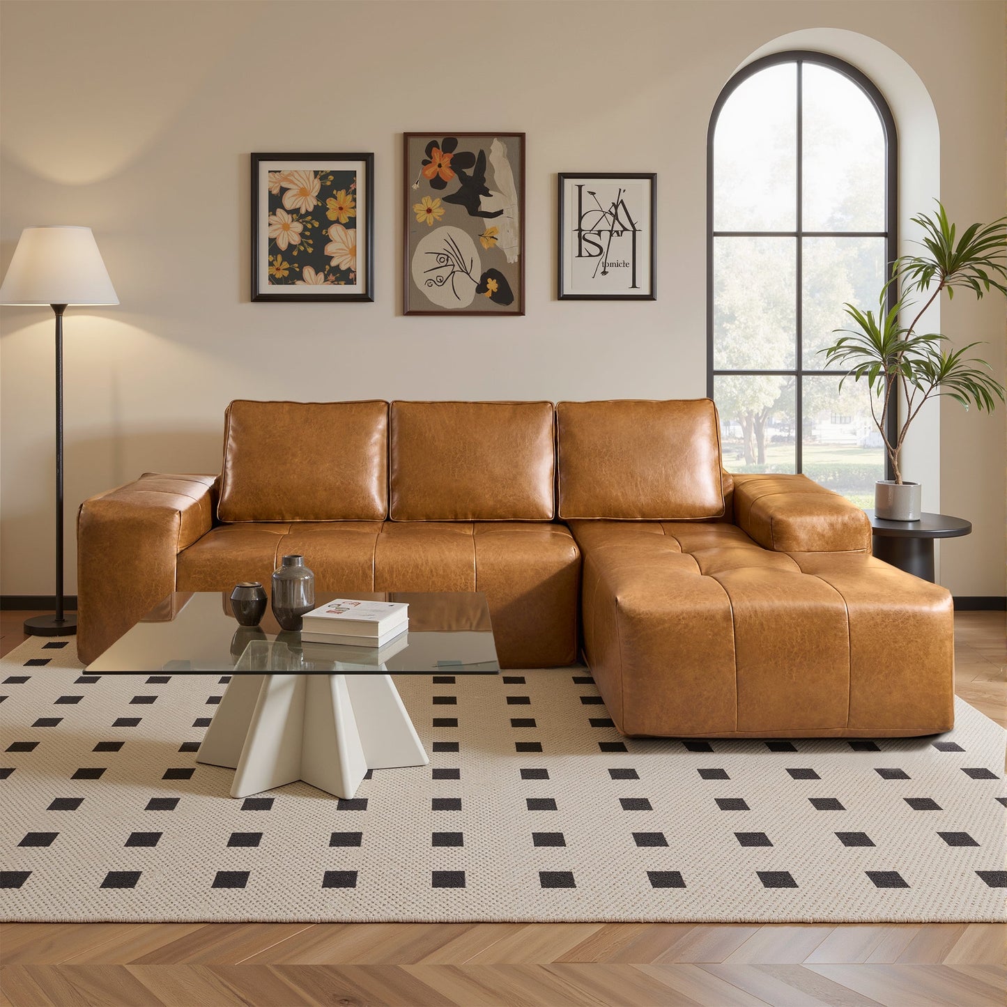 OVIOS 114" Cloud Sectional Sofa - L-Shaped Faux Leather Modular Couch with Deep Seat Chaise