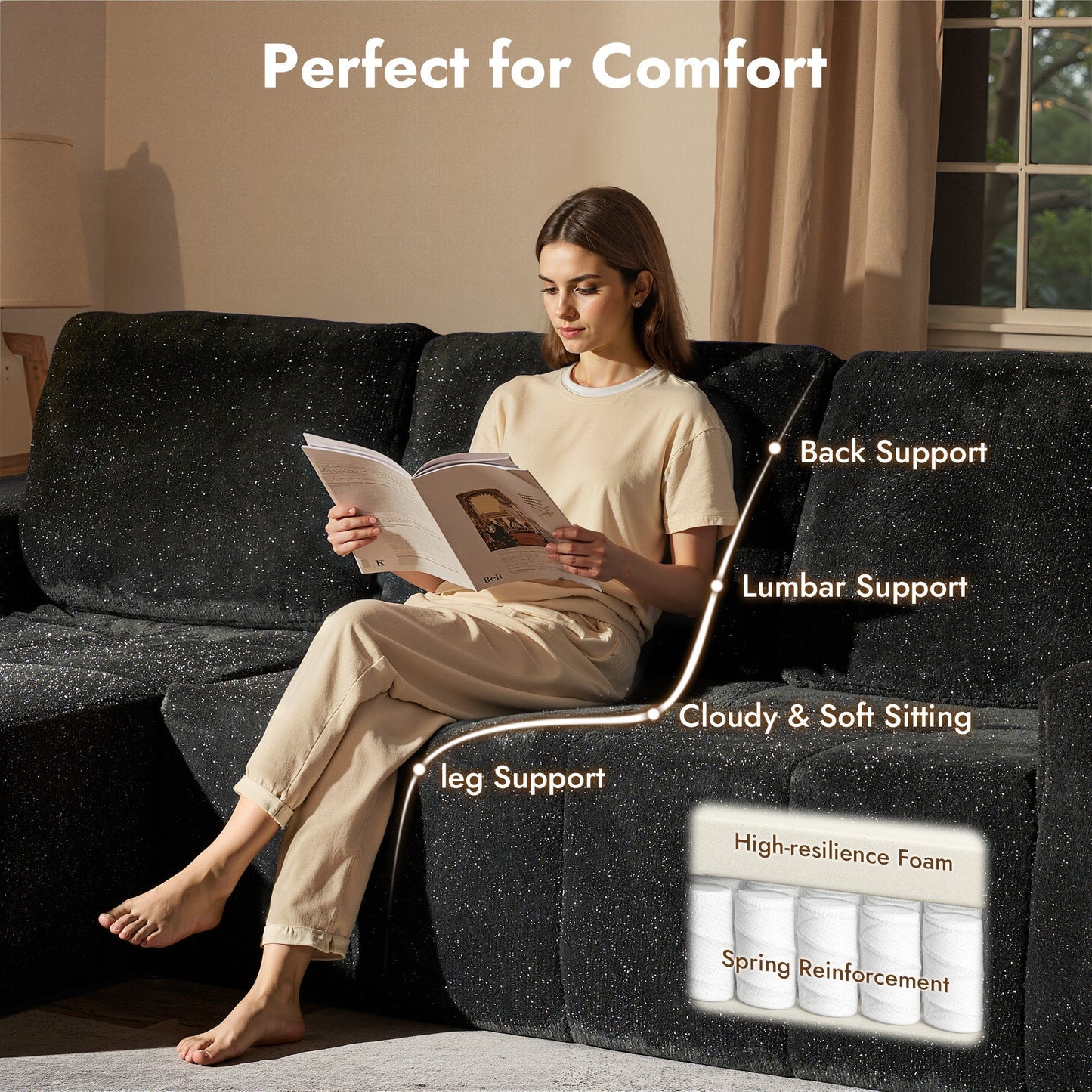 OVIOS 114" Cloud Sectional Sofa - L-Shaped Faux Leather Modular Couch with Deep Seat Chaise