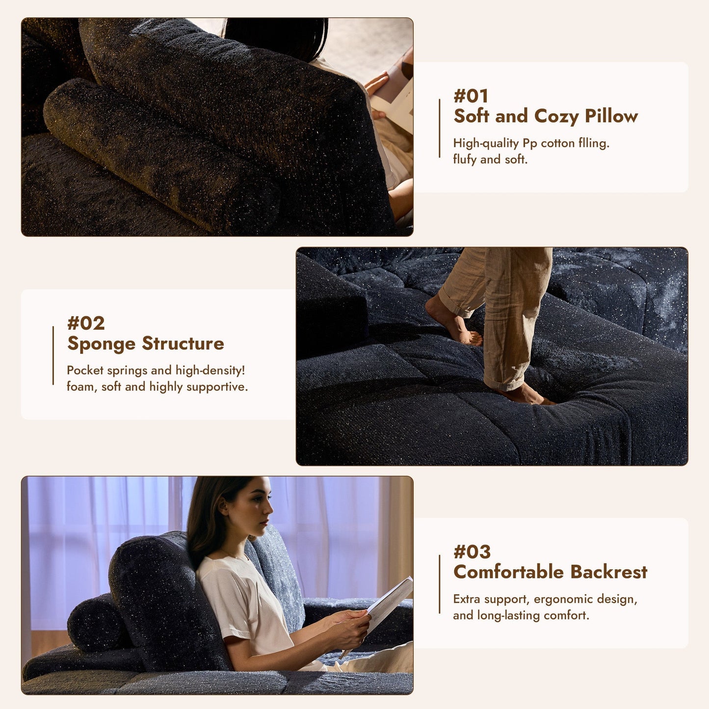 OVIOS 114" Cloud Sectional Sofa - L-Shaped Faux Leather Modular Couch with Deep Seat Chaise