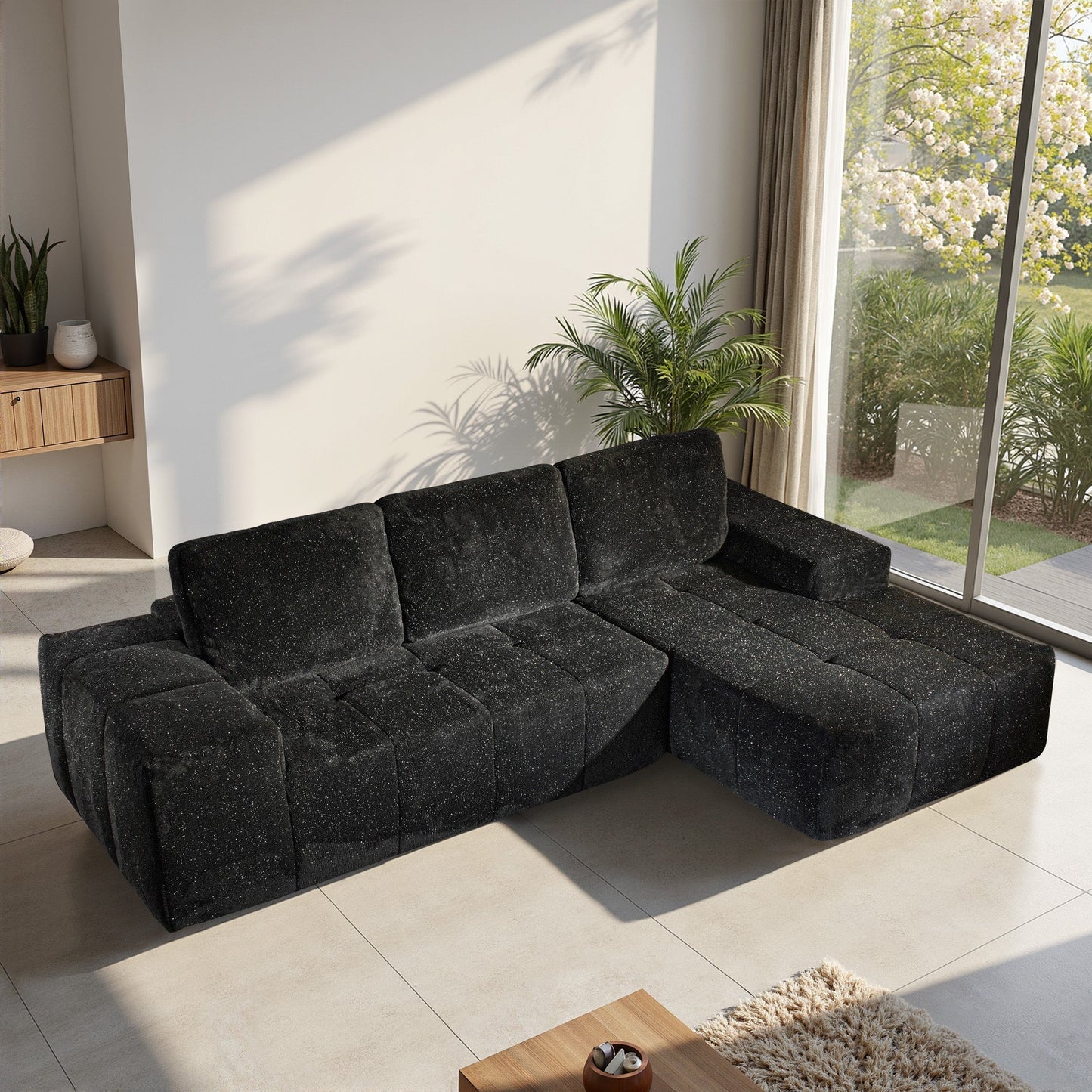 OVIOS 114" Cloud Sectional Sofa - L-Shaped Faux Leather Modular Couch with Deep Seat Chaise