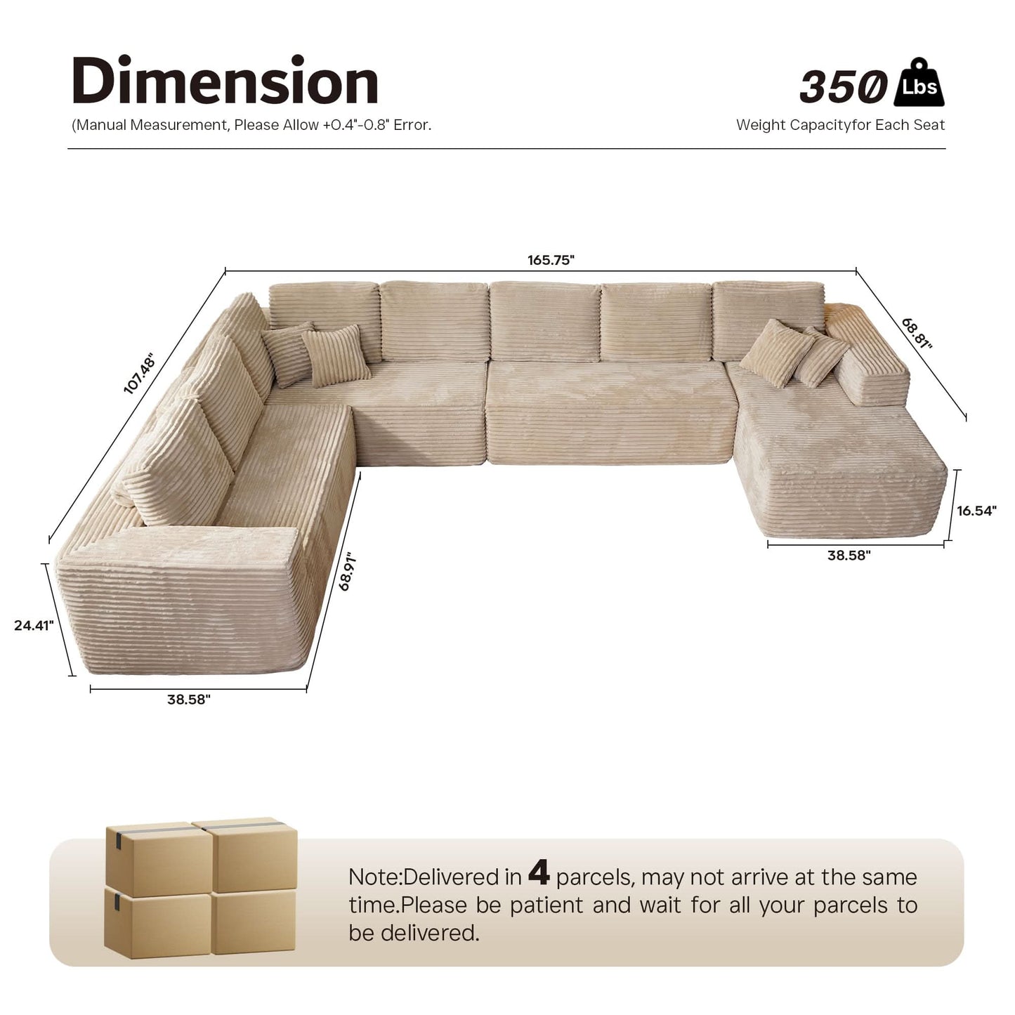 OVIOS Modular Sectional Cloud Couch, Plush Corduroy Sofa with Memory Foam, U-Shaped Chaise, No Assembly