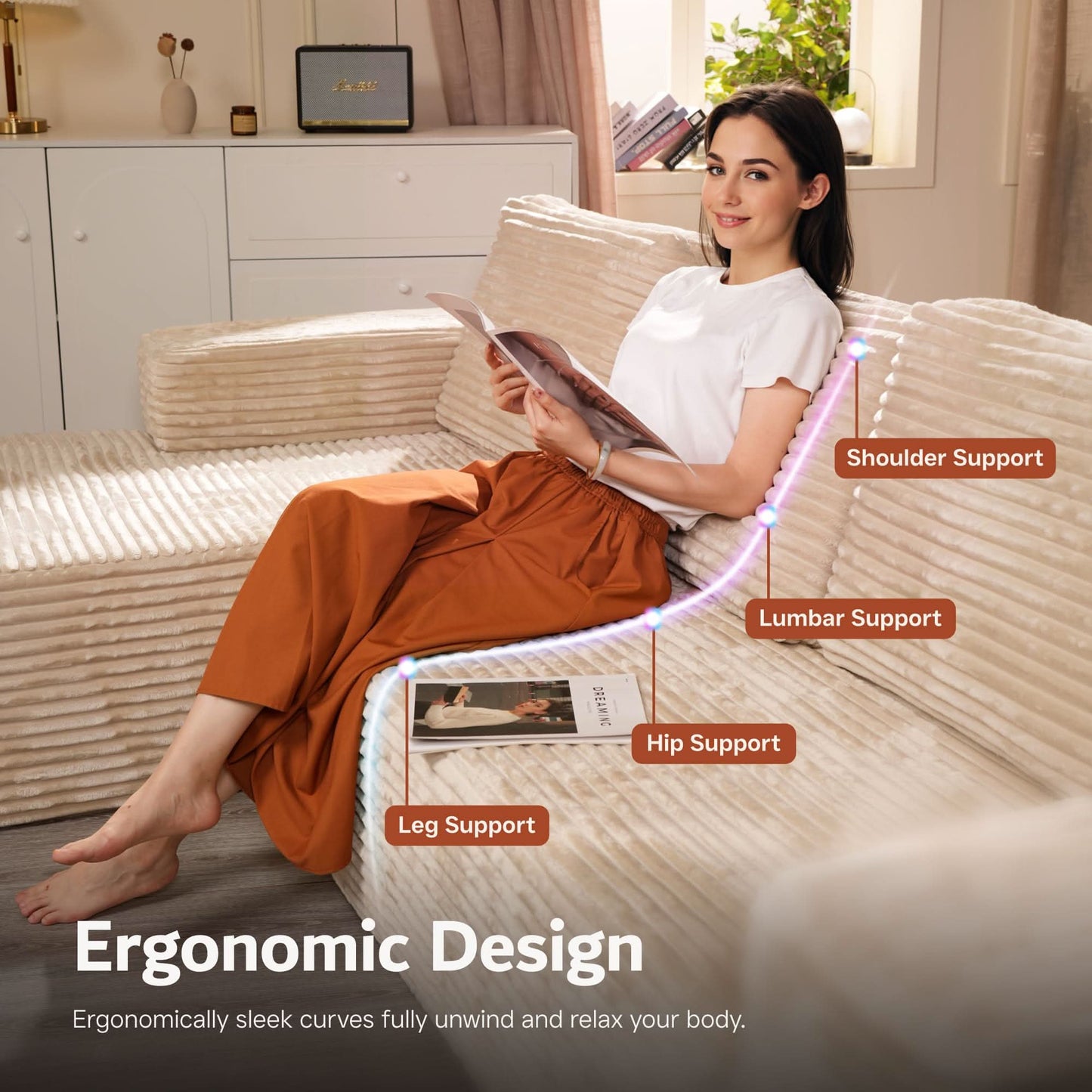 OVIOS U-Shaped Cloud Sectional Sofa with Chaise - Plush Corduroy, Memory Foam & No Assembly