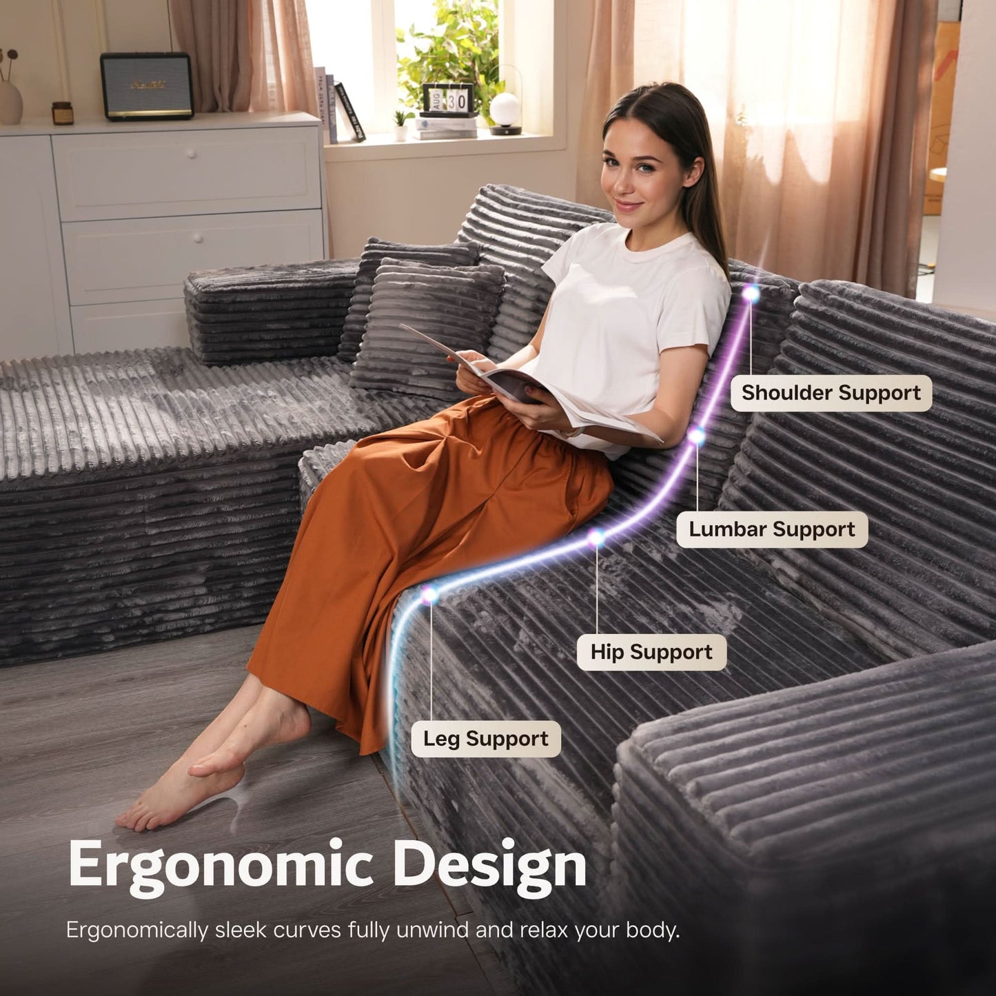 OVIOS U-Shaped Cloud Sectional Sofa with Chaise - Plush Corduroy, Memory Foam & No Assembly