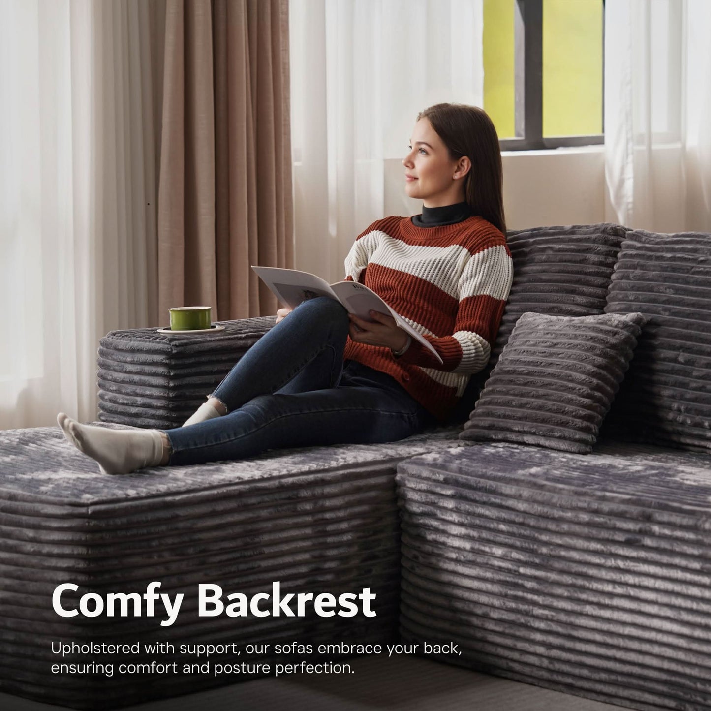 OVIOS U-Shaped Cloud Sectional Sofa with Chaise - Plush Corduroy, Memory Foam & No Assembly